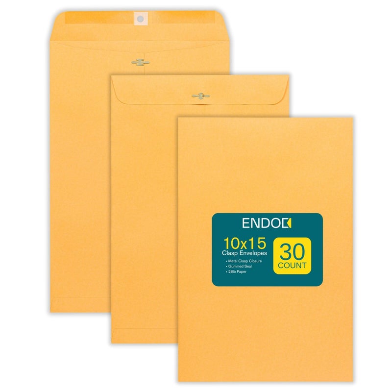 EnDoc Clasp Envelopes â€“ 10x15 Inches Brown Kraft Catalog Envelopes - 30 Pack - with Clasp Closure & Gummed Seal â€“ 28lb Heavyweight Paper Envelopes for Home, Office, Business, Legal or School. - Image 1